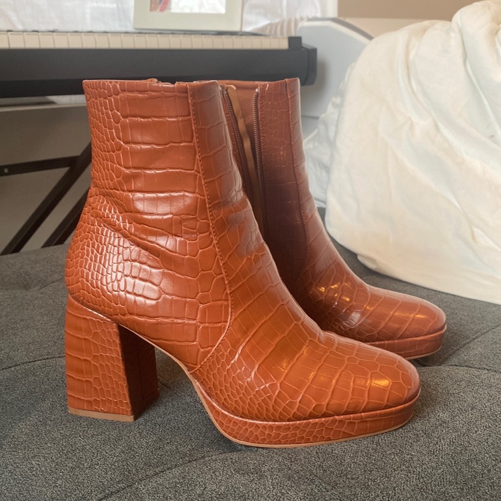 ASOS Brown crocodile print platform booties